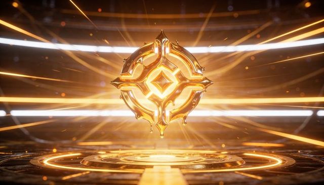 Ornate golden sigil hovering above platform emitting radiant amber light and sparks