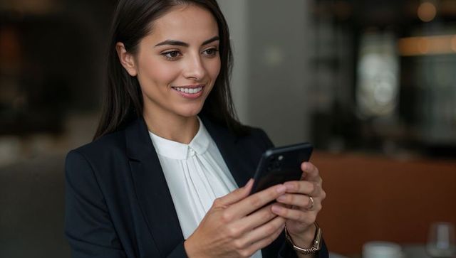 Businesswoman Using Smartphone in Stylish Cafe Environment