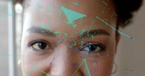 Woman Staring with Digital Network Overlay on Face