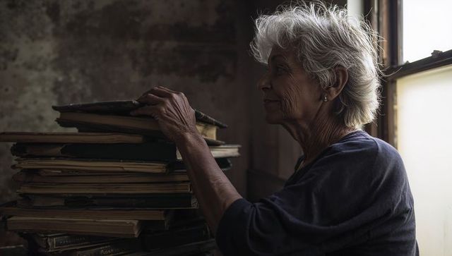 Senior woman reaching for stacked vintage books by window, nostalgic memory and heritage