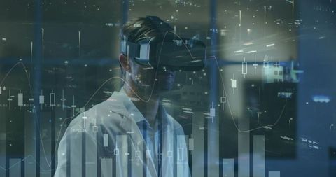 Scientist wearing vr headset exploring financial data and visualizing holographic charts