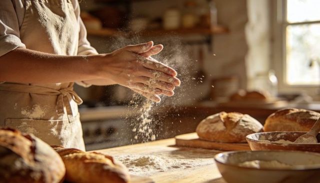 Sunlit artisan baker dusting flour on wooden counter with rustic sourdough loaves