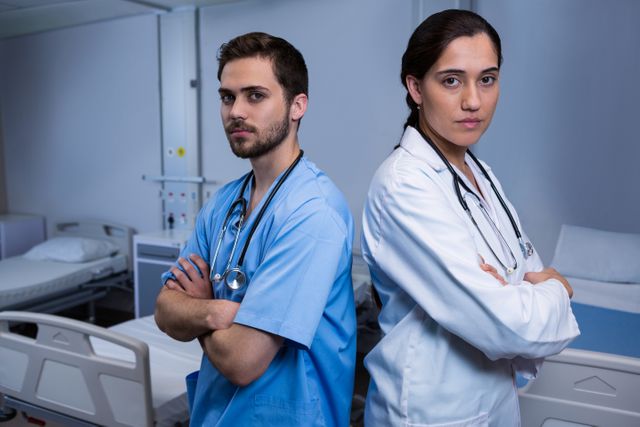 This image depicts a male nurse and a female doctor standing with arms crossed in a hospital ward. Both are wearing medical uniforms and stethoscopes, exuding confidence and professionalism. This image can be used in healthcare-related articles, medical websites, hospital brochures, and educational materials to emphasize teamwork, professionalism, and patient care in a medical setting.