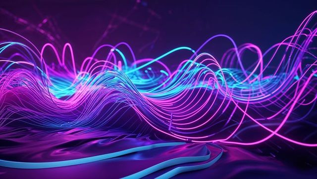 Vibrant Neon Light Filaments over Reflective Surface in Digital Void