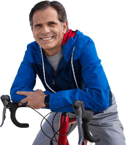 Caucasian Man with Bicycle and Blue Jacket on Transparent Background