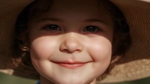 Closeup video showing smiling child wearing straw hat soaking up warm sunlight in garden