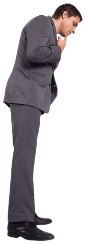 Transparent Businessman in Contemplation with Hand on Chin Side View