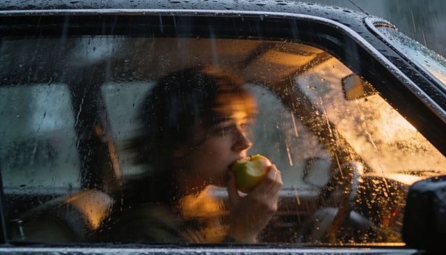 Rainy night driver biting green apple in rain-speckled car window with warm streetlight glow