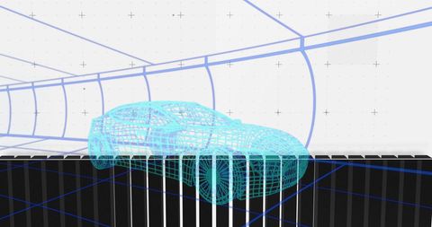 Digital wireframe car model with data graphics