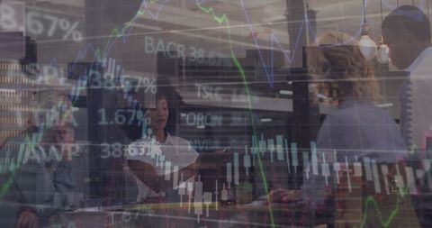 Diverse Team Analyzing Financial Data with Stock Market Overlay