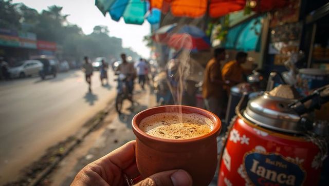 Holding traditional clay cup at vibrant roadside stall