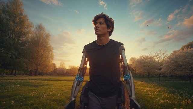 Futuristic man in meadow with glowing prosthetics at sunset