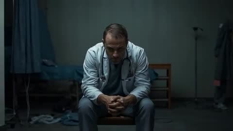 Contemplative Doctor in Dim Clinic Room Reflecting on Challenges