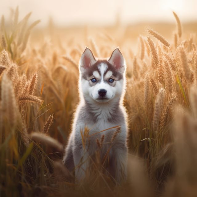 Husky puppy sitting amidst tall wheat stalks, lit by the warm glow of the setting sun. Perfect for use in advertisements, pet care websites, greeting cards, and nature-themed publications to evoke feelings of warmth and innocence.