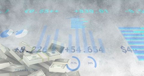 Stacks of us dollars displaying faded financial charts and infographic overlays with copy space
