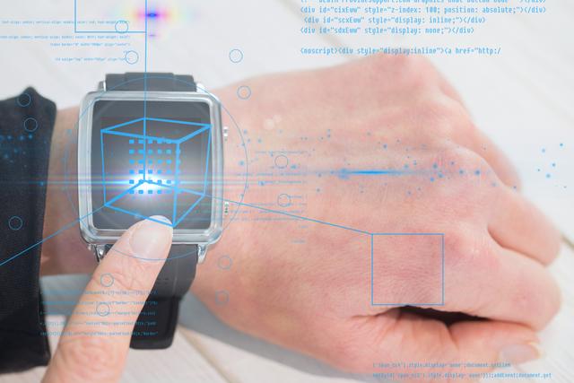 Close-up of a hand interacting with a futuristic smartwatch featuring a holographic interface. Conceptual representation of advanced wearable technology and digital innovation. Ideal for tech articles, future technology concepts, digital lifestyle promotions, and wearable tech showcases.