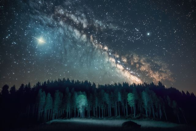 Beautiful Milky Way galaxy extends across night sky over illuminated forest. Ideal for use in nature documentaries, astrophotography promotions, educational materials about galaxies and constellations, and background for websites or social media posts focusing on the beauty of nature at night.