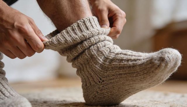 Pulling on chunky cable knit socks for cozy morning comfort