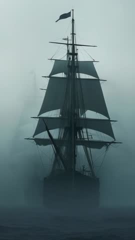 Vertical cinematic footage of tall-masted square-rigged ship emerging from dense ocean fog