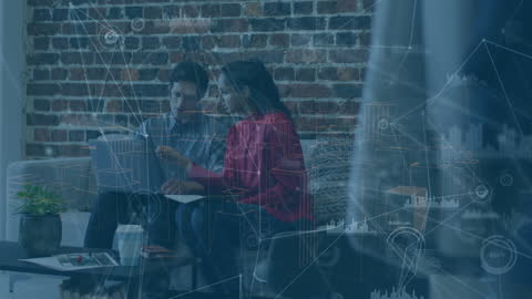 Coworkers Discussing Business Innovation with Digital Overlay