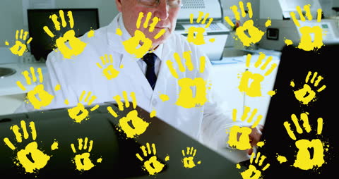 Scientist Analyzing Data Amidst Vibrant Yellow Handprints