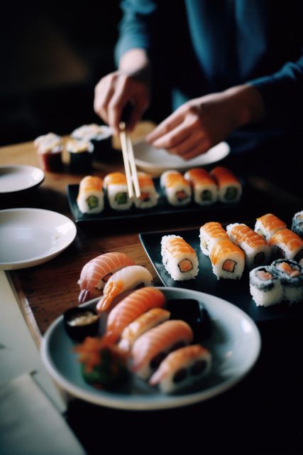 Sushi rolls on plates and hands holding chopsticks, created using generative ai technology. Food, sushi and fresh japanese cuisine concept digitally generated image.