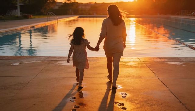 Mother and daughter walking hand-in-hand on pool deck at sunset leaving footprints