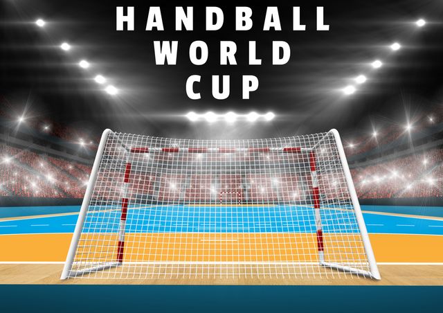Professional handball stadium with illuminated lights, goal post, and net. Ideal for sports event advertising, athletics competitions, handball tournaments, and promotional materials. Use in banners, posters, and media coverage.