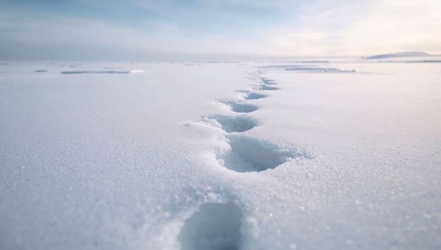 Footprints leading across frozen plain toward distant ice floes at dawn
