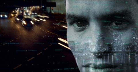 Digital Futurism Concept with Introspective Male and Urban Nightlife - Download Free Stock Images Pikwizard.com