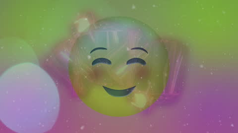 Smiling Emoji Among Glowing Shapes in Colorful Background