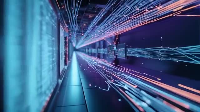 Futuristic Data Flow in Server Corridor with Light Trails