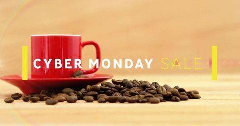 Cyber Monday Coffee Sale with Red Coffee Mug and Beans
