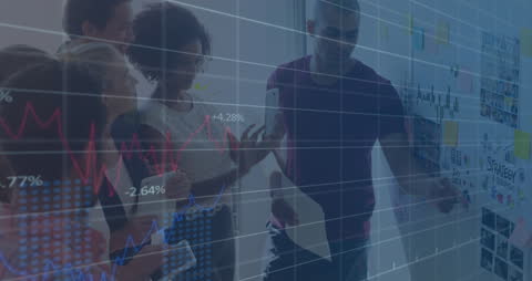 Diverse Team Analyzing Business Data with Financial Charts Overlay