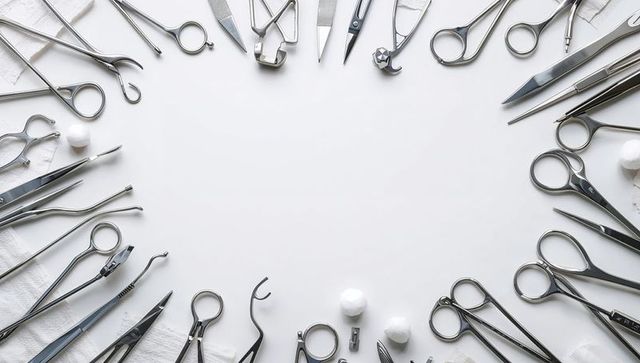 Stainless steel manicure tools arranged around center with cotton balls on white surface