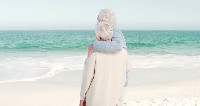 Senior Couple Embracing at Tranquil Beach Horizon - Download Free Stock Images Pikwizard.com