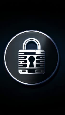 Vertical video highlighting metallic padlock icon glitching and restoring on dark ring edge