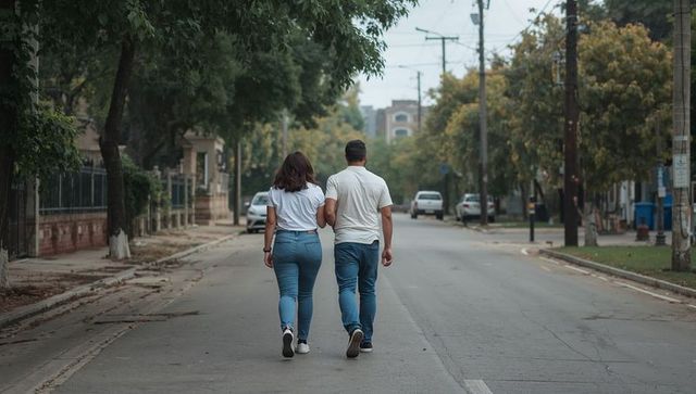 Couple walking arm-in-arm on quiet suburban street in white tops and blue jeans, back view