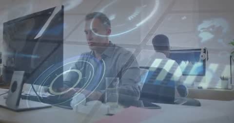 Business Professionals Engaging with Futuristic Data Visualizations