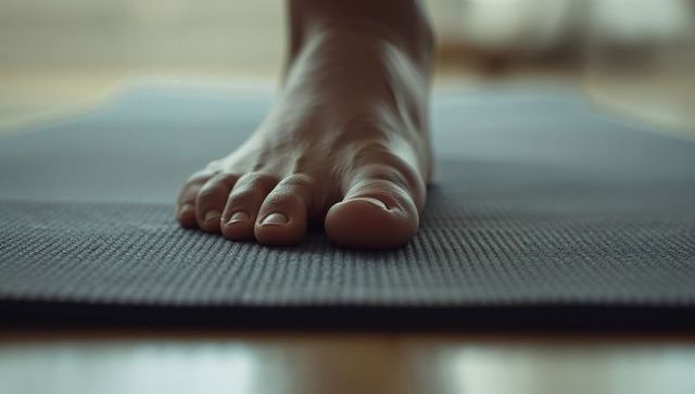 Balancing barefoot pressing toes into textured yoga mat for home yoga exercise closeup