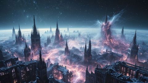 Apocalyptic Gothic Cityscape with Neon Pink Fissures