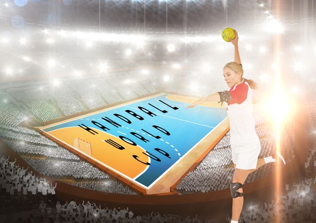 Composition of caucasian female athlete with handball against illuminated stadium, copy space. handball world cup, sport and competition.