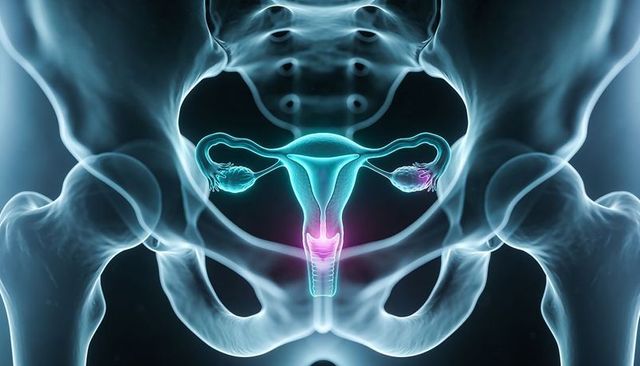 Glowing female reproductive anatomy within translucent pelvic bones highlighting cervix