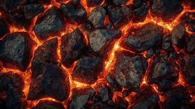Glowing volcanic rocks and flowing lava