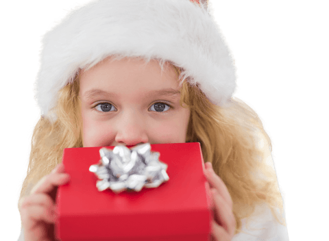 Young girl dressed in a Santa hat holding a red gift box with a silver bow. Suitable for Christmas promotional materials, festive greeting cards, holiday advertisements, or seasonal decor designs. Image emphasizes holiday joy and childhood excitement on a transparent background for versatile use.