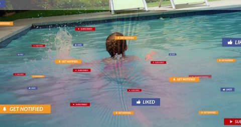 Child swimming in sunlit backyard pool with social media notification overlays and splash