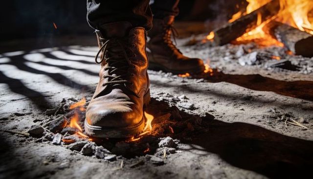 Leather boot stepping into glowing embers near campfire, sending sparks and smoke