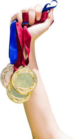 Hand Holding Gold Medals Signifying Victory on Transparent Background