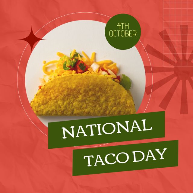 National Taco Day graphic featuring a taco with cheese and vegetables on red background with date 4th October. Ideal for use in social media promotions, food blogs, restaurant marketing materials, and festive event announcements.