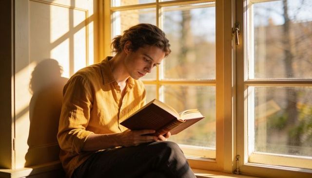 Young man reading on sunlit windowsill in cozy golden light for quiet study